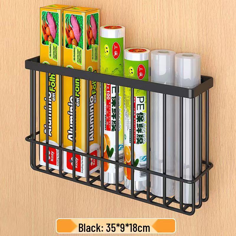 Punch-Free Wall-Mounted Kitchen Storage Rack: Multi-Functional Plastic Wrap Holder & Refrigerator Shelf
