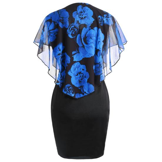 Plus Size Elegant Office Lady Rose Flower Print Cape Bodycon Knee Length Dress