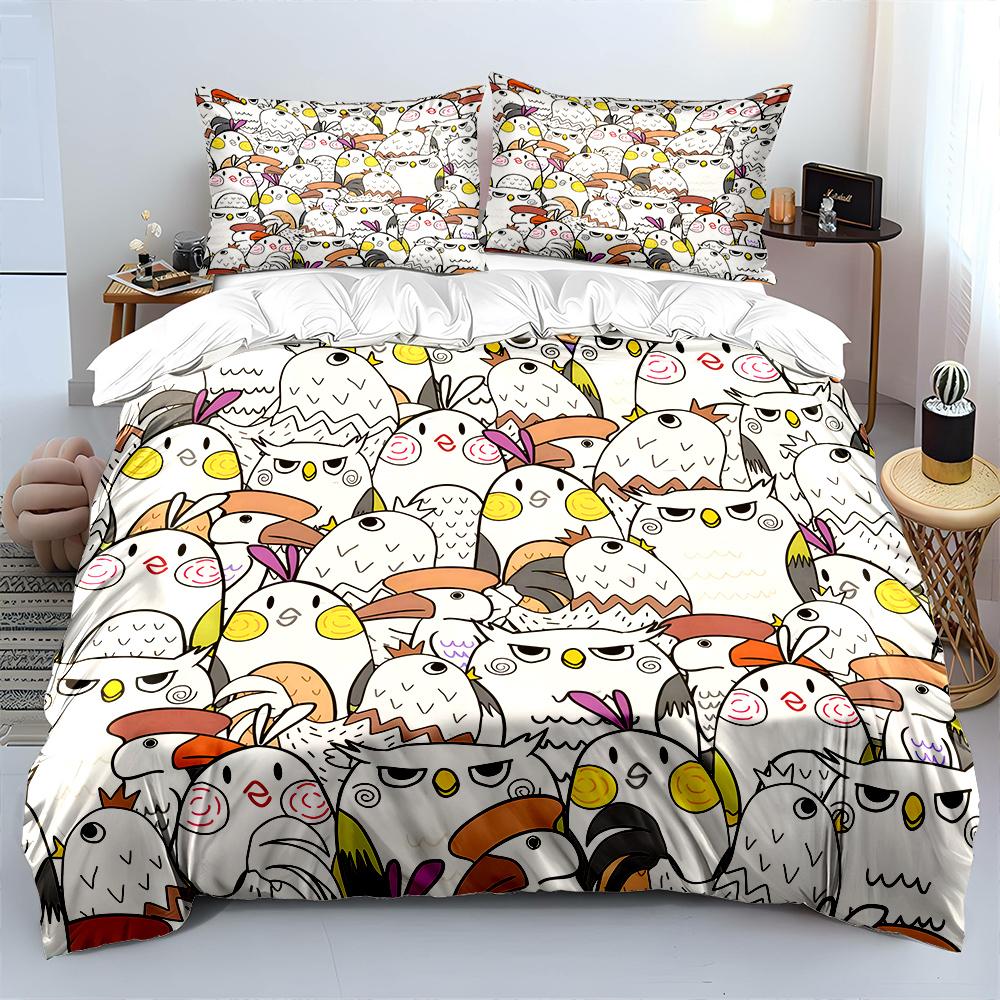 Funny cartoon bird heads Pattern Duvet Cover Set Digital Print Colorful Polyester Bedding with Zipper Closur for kids gifts