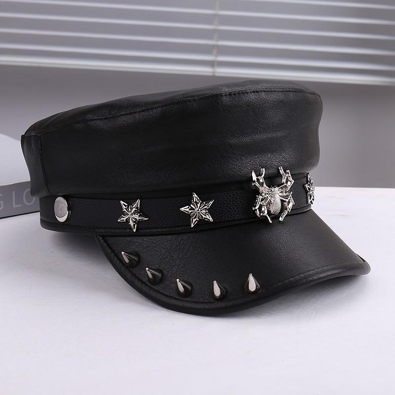 Punk Stil Flache Kappe Herren und Damen Persönlichkeit Leder Lange Nieten Leopardenmuster Silberne Kappe