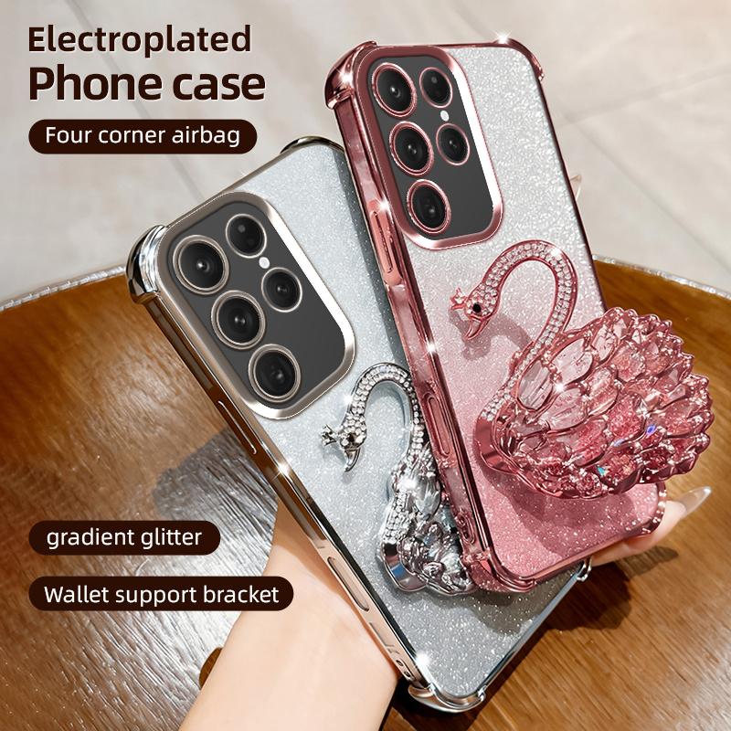 KEYSION Shockproof Plating TPU Phone Case for Samsung S24 S25 Ultra S25+ Glitter Jewelled Swan kickstand Cover for Galaxy S24 S25 FE 5G