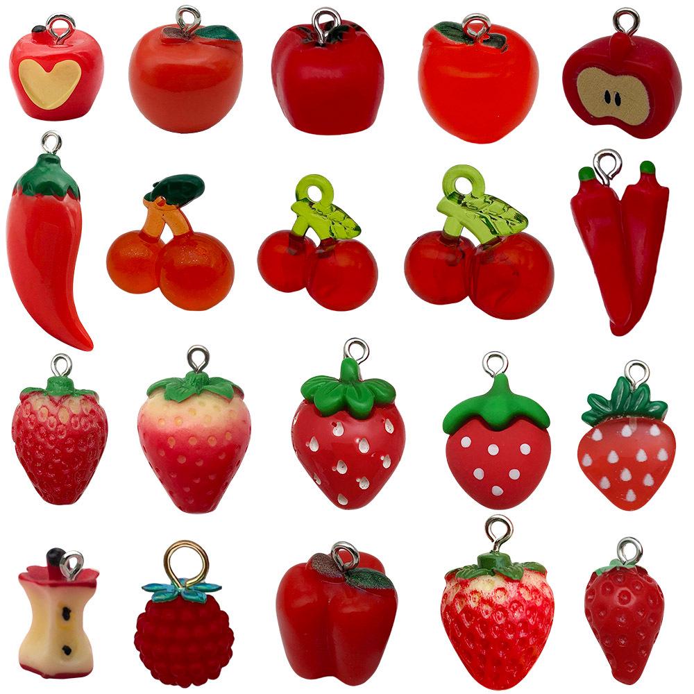 Set of 20 Red Resin 3D Fruit Charms: Strawberries and Apples for DIY Jewelry.