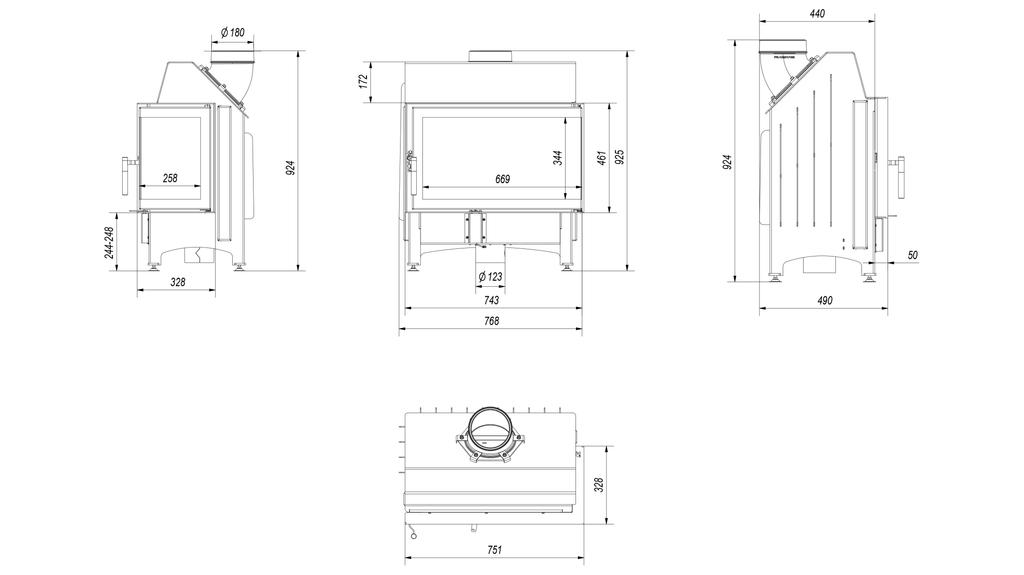 Steel Fireplace KRATKI ZIBI Right 11 kW Ø 180 Black Thermotec Lining