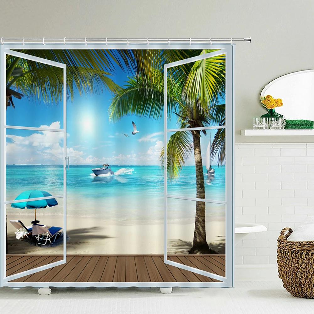 Coastal Scenery Shower Curtain with Hooks    Fresh Seaside Vibe Decor for Bathrooms, Reinforced Eyelets & Easy to Clean