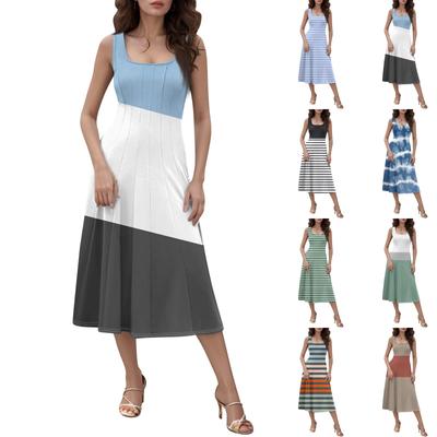 Damen Casual Fashion Rundhals ärmelloses einfarbiges Midikleid mit Seitentaschen