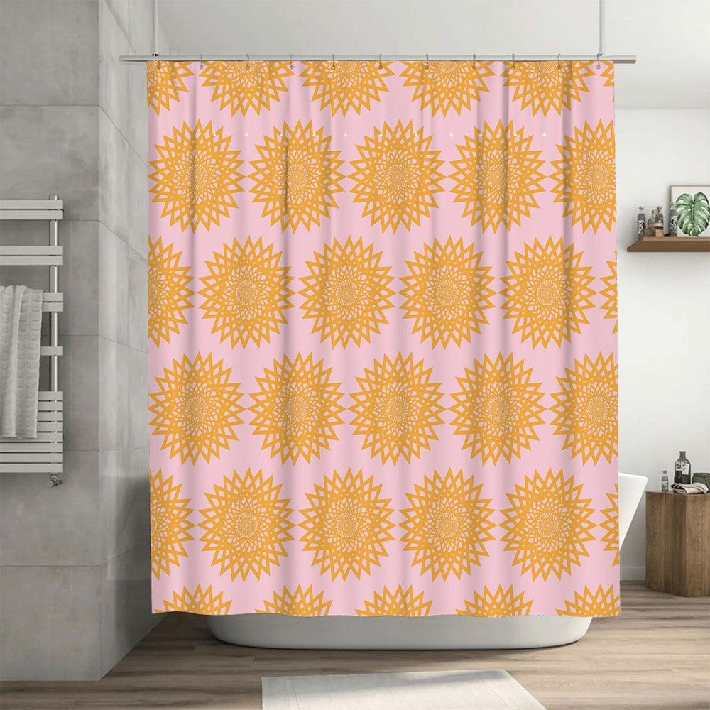 Sunflower Mandala Shower Curtain Pink Yellow Floral Design For Bathroom Decor Polyester Waterproof Bath Rug Liner With Hooks Set