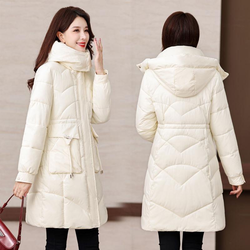 Winter Women Medium To Long Cotton Jacket Thickened Warm Casual Stand Collar Hooded Parker Coat Solid Color Warm Cotton Jacket