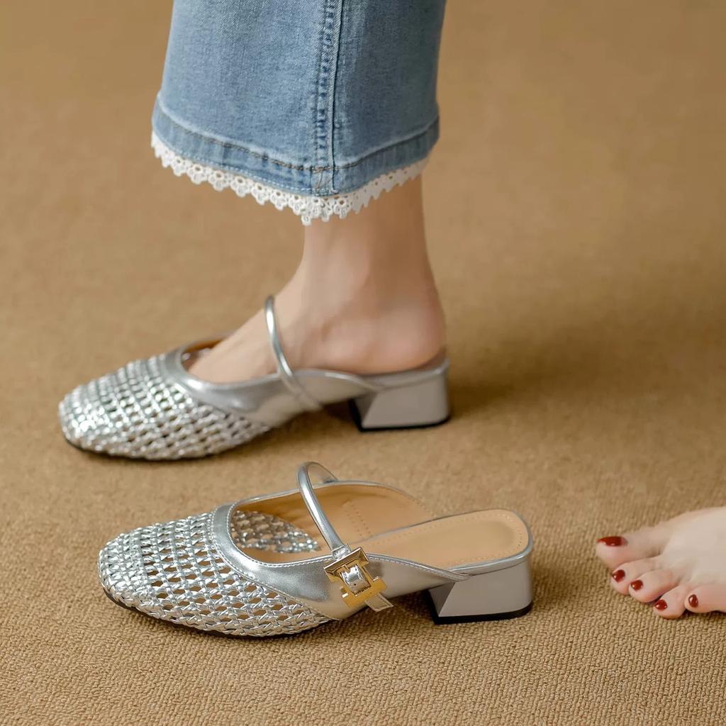 Square head woven hollow bag head half slippers women's 2025 summer new wear thick heel fashion sandals