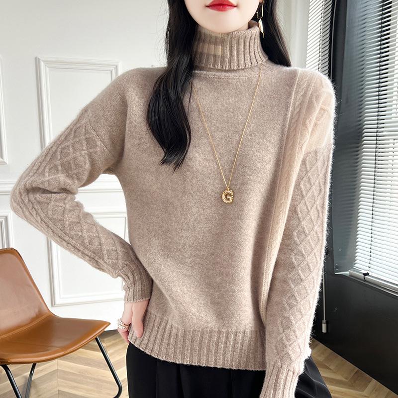 Women's Color Block Wool High Collar Pullover Sweater with Diamond Twist Knit