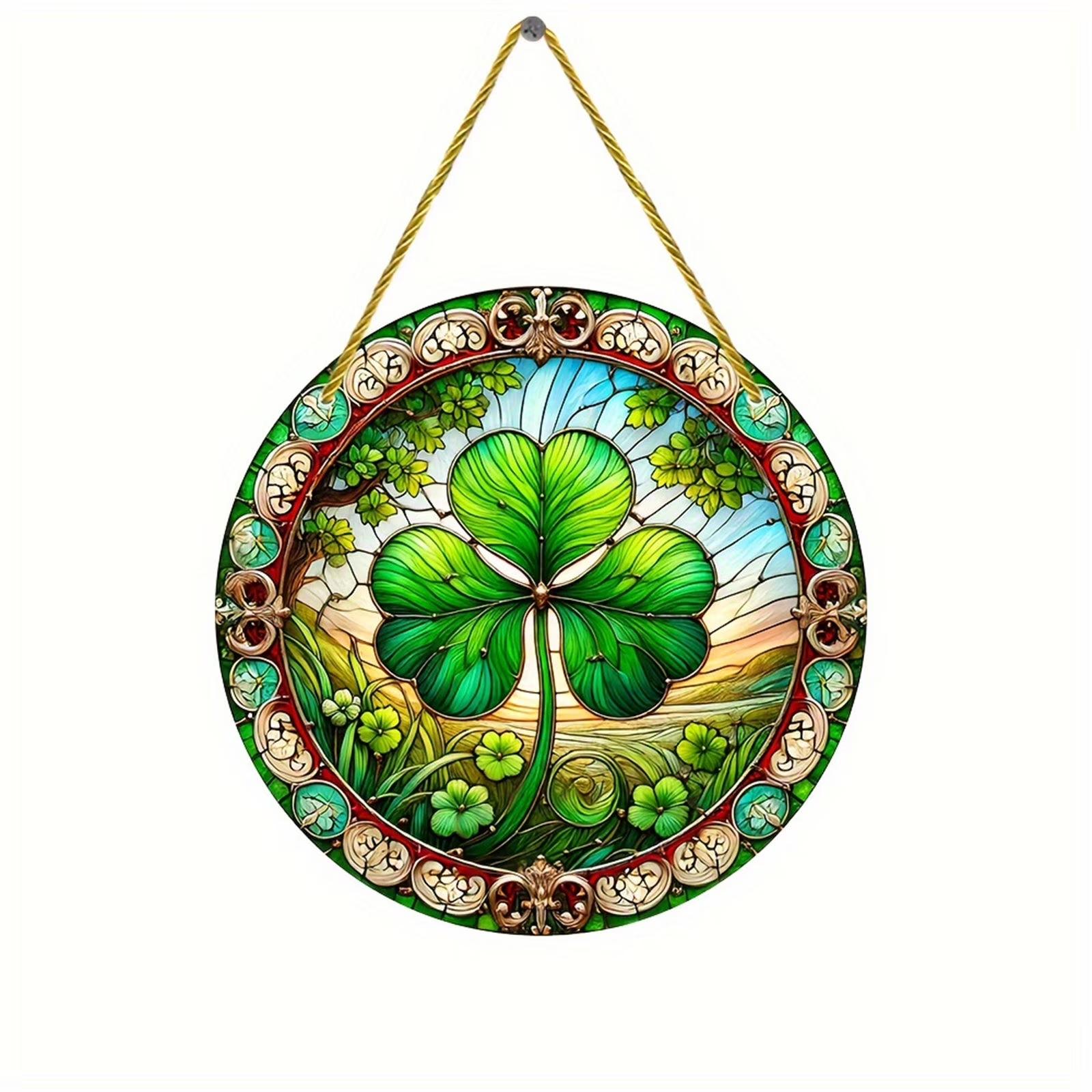 Round Stained Glass Hanging Panel Four Leaf Clover Design Decorative Window Art Suncatcher Ornament One Size