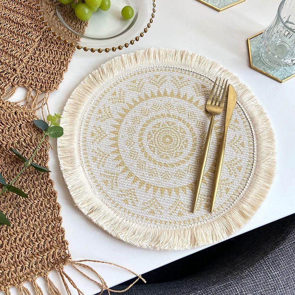 Bohemian Braided Weave Round Woven Placemats Heat Resistant Non-Slip Bohemian Placemat Tassel Jute Placemats Kitchen Table