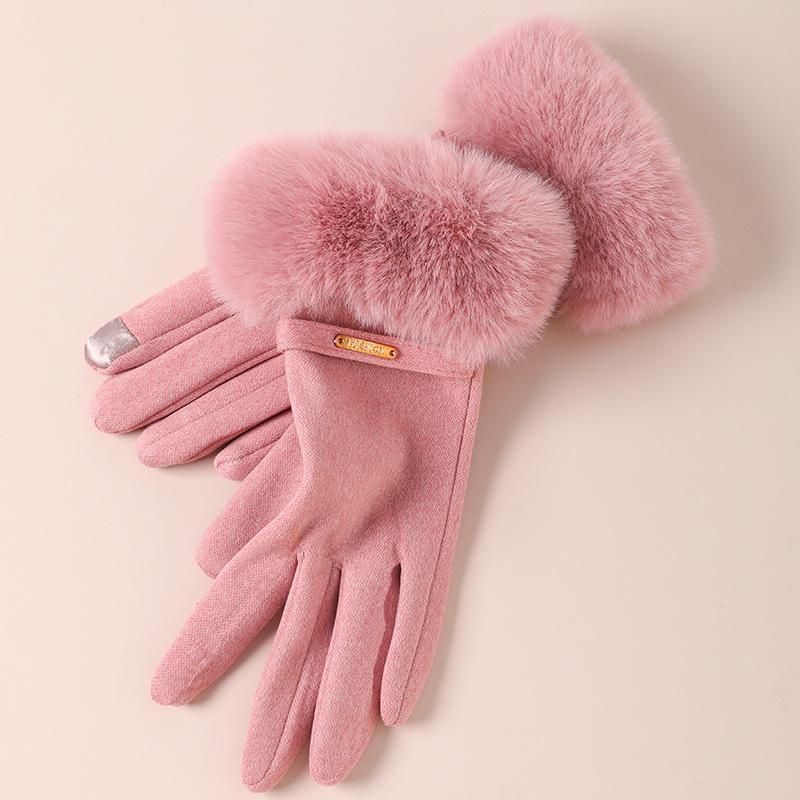 Warm Gloves for Women In Autumn and Winter Outdoor Riding Cold Proof Thickened Plush Velvet Cute Bow Develvet Touch Screen Gloves