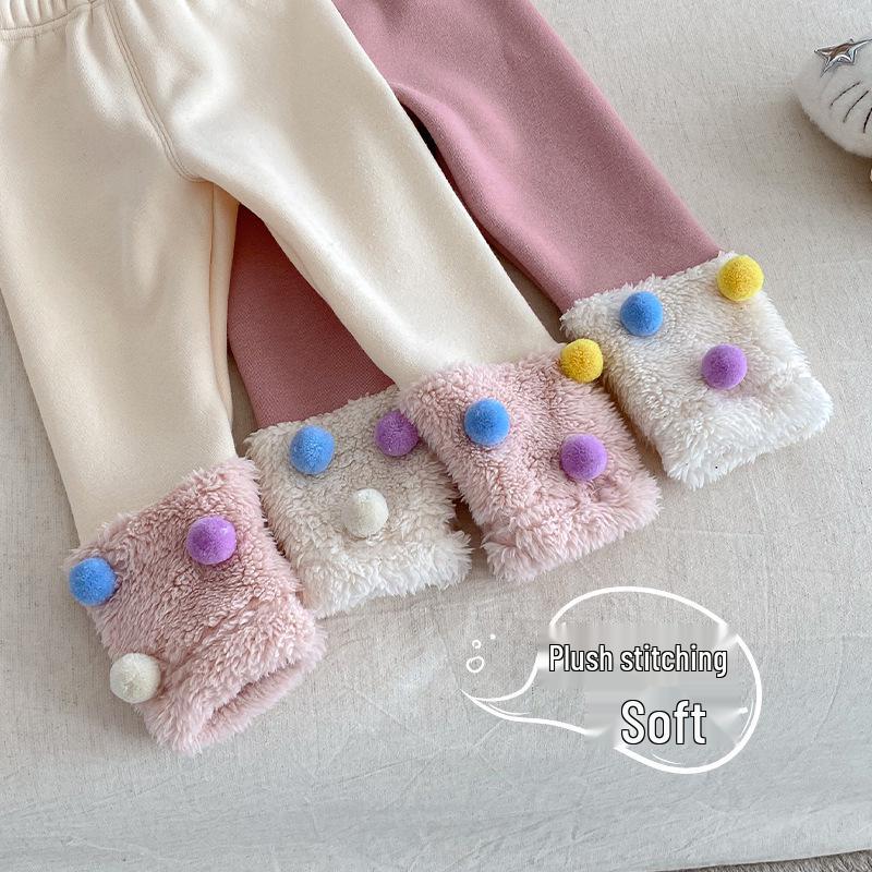 2025 Winter Koreanischer Stil Mädchen Patchwork Pompon Leggings - Trendige Verdickte Hose für Stilvolle Kinder