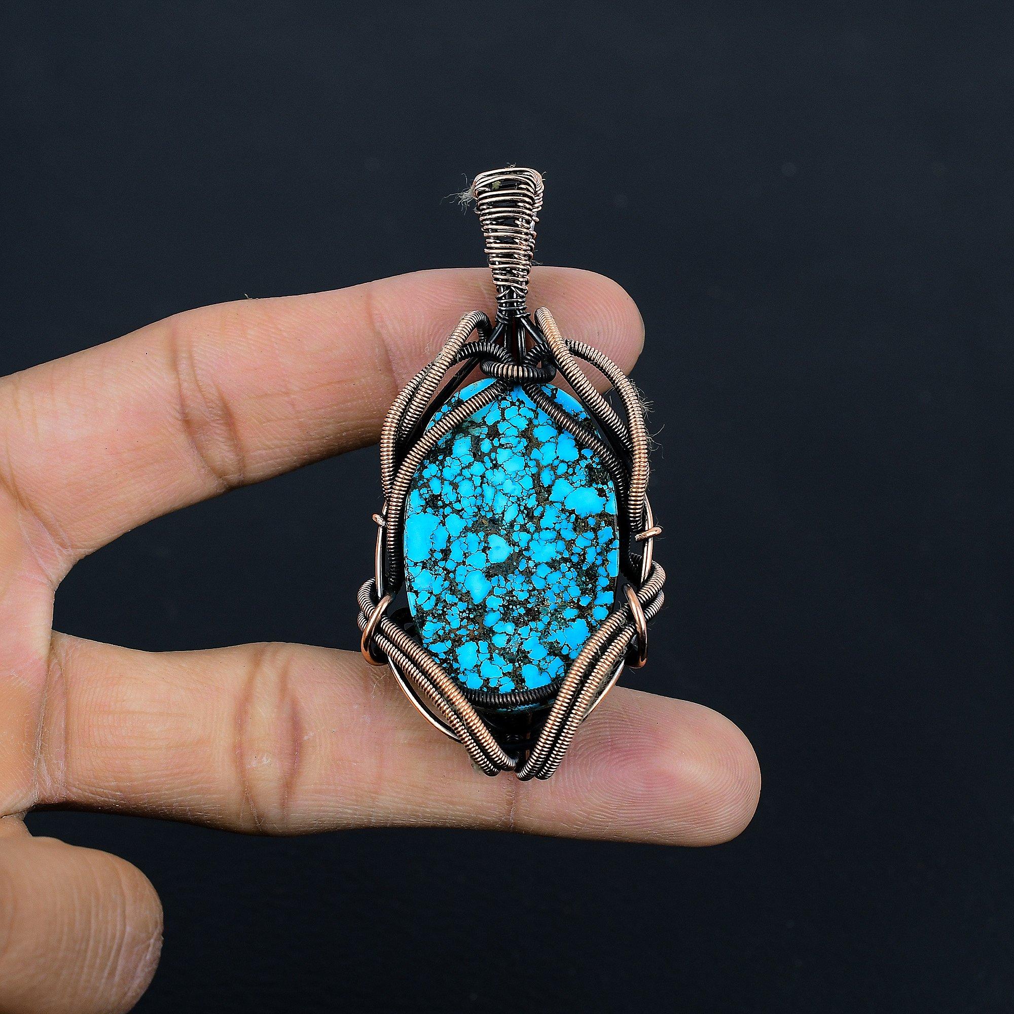 

Подвеска из тибетской бирюзы, ювелирное изделие из драгоценного камня, обернутое медной проволокой 999 пробы, подвеска ручной работы, на День благодарения 2.55 Inches