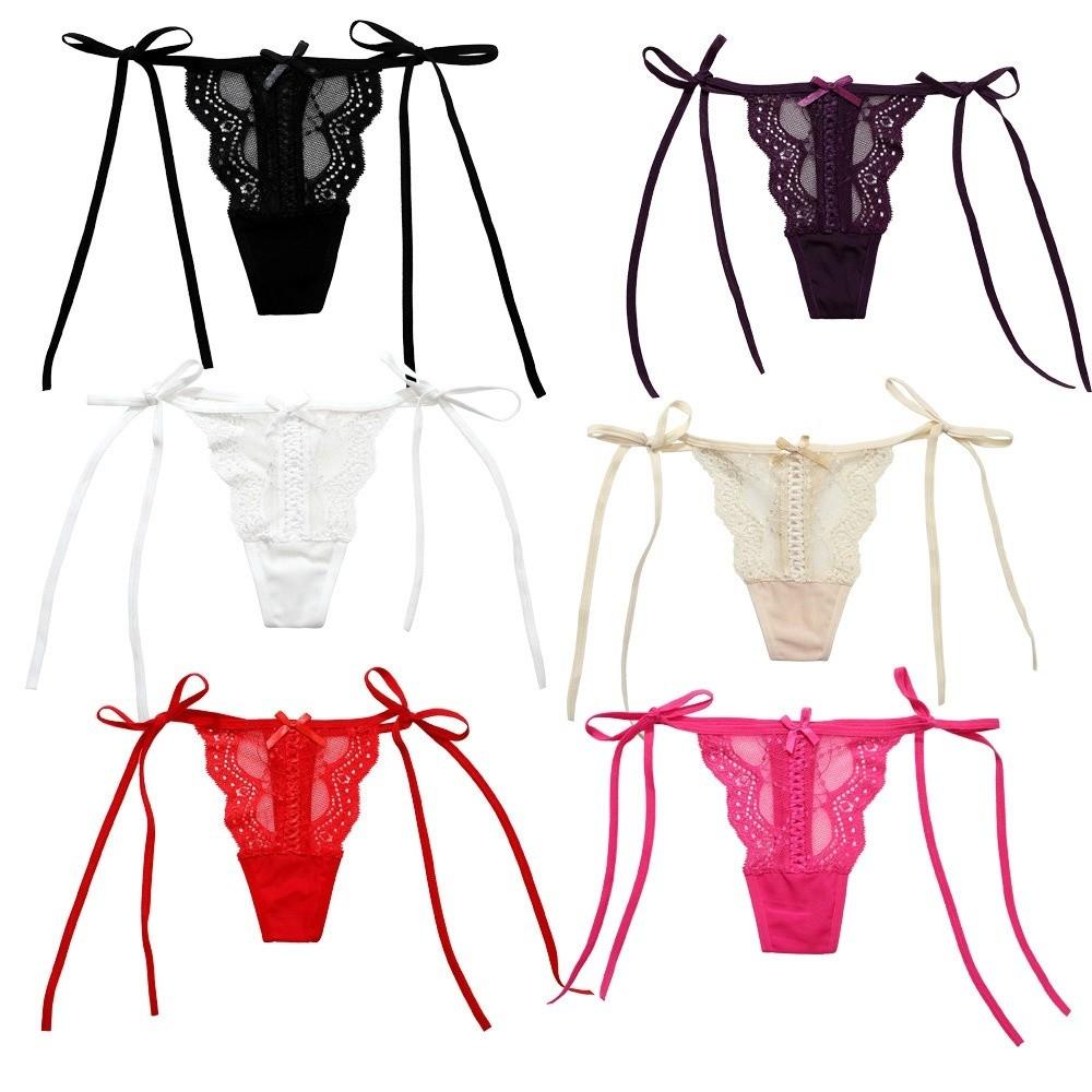 Adjustable Waist Strap Bow Lace Flower Transparent Briefs Low Waist Romantic T Panties Gift