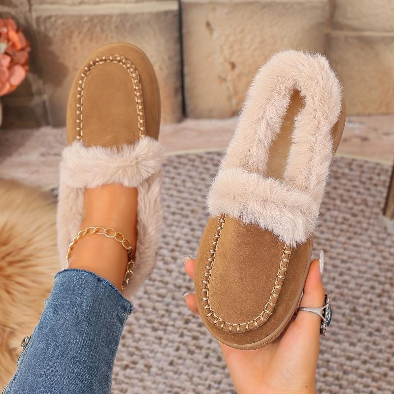 Women's Retro Fuzzy Round-Toe Cotton Shoes - Fleece-Lined, Thickly Padded, Flat Sole. Stylish, Versatile & Cozy Winter Footwear, Ideal for Wholesale