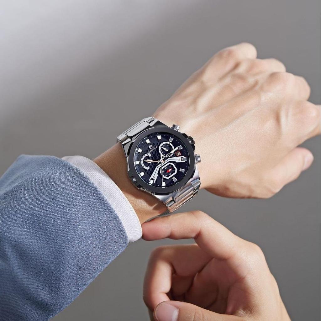 Mens Quartz Watch Waterproof Luminous Display Week/Date Stainless Steel Strap Casual Wristwatches