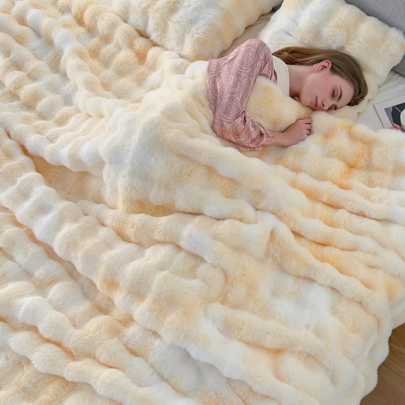 Light Luxury Imitation Rabbit Fleece Blanket Tie-dye Bubble Fleece Double-layer Warm Soft Living Room Bedroom Sofa Blanket
