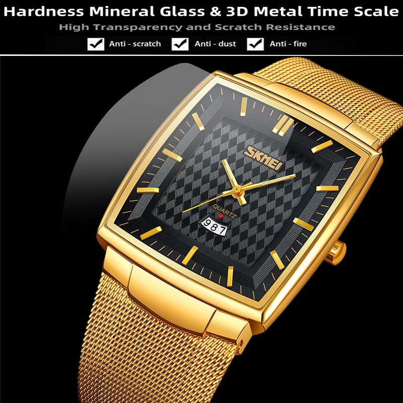 Skmei Analog Quartz Calendar Watches Original Brand Stainless Steel Mesh Strap Mens Fashion Waterproof Wristwatch with Luminous