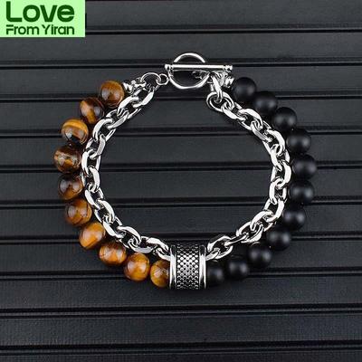 Armband Tigerauge Edelstahl Herren Metallkette Doppelperlen