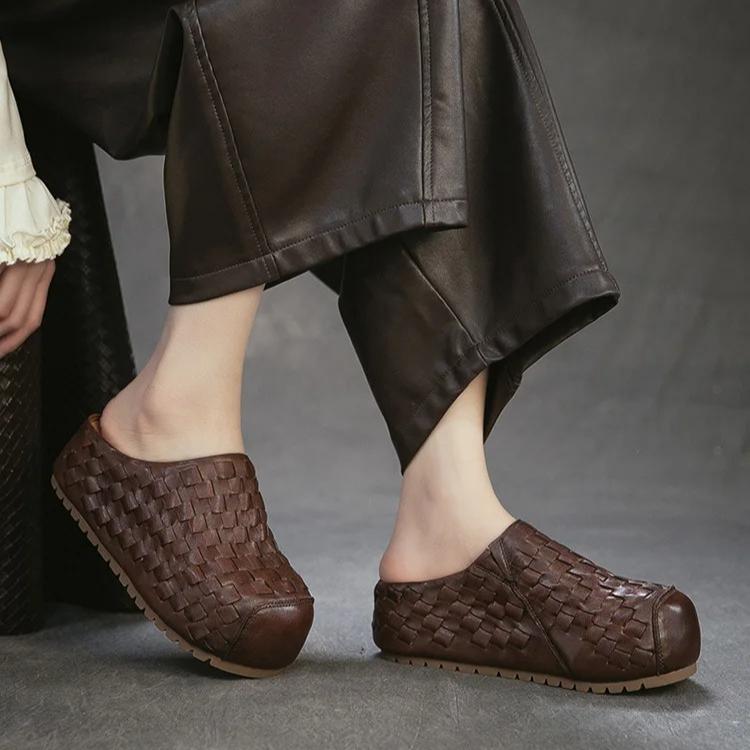 Johnature Handmade Woven Round Toe Outdoor Platform Slippers Genuine Leather Versatile Women's Shoes
