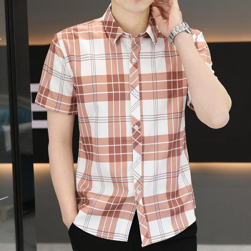 Summer Short-sleeved Shirt Men's Plaid Shirt Workwear Gangster Handsome Men's Ice Silk Casual Inch Shirt Tops