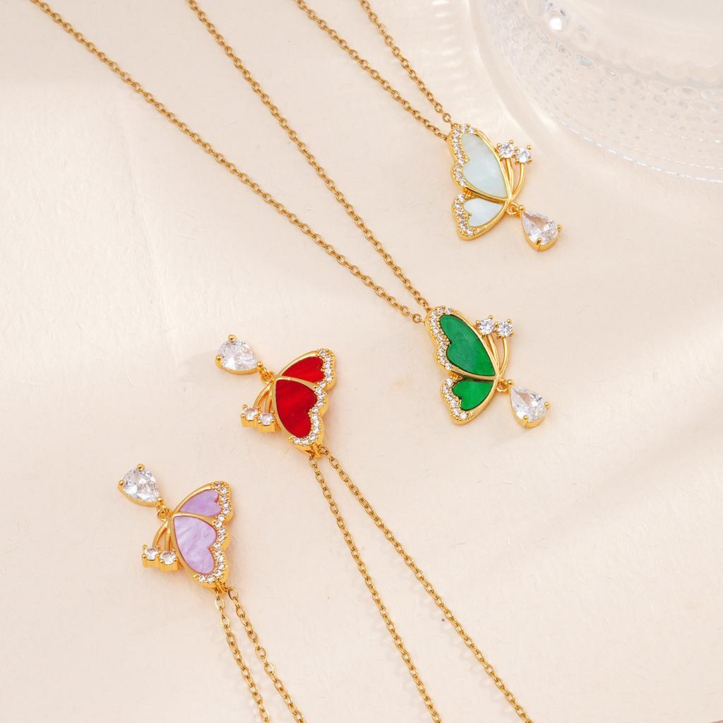 Fashion Shell Butterfly Zircon Pendant Necklace Gold Color Stainless Steel Chain Jewelry Gifts for Women Teen Girls