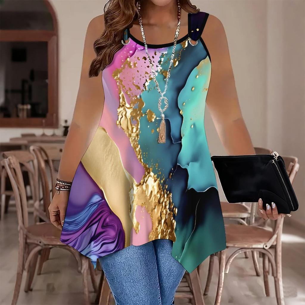 Women's Fashionable Casual Sports Double-ring Vest, Marble and Lines Veining Printed Patterns, Irregular Hem, Elegant and Simple