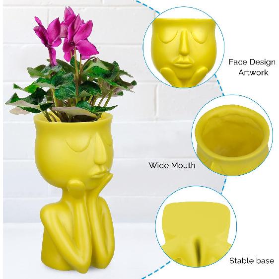 Resin Head Planter Face Flower Pot 6 inch Tiny Human Shaped Flower Vases Succulents Pots Desktop Decoration for Home Office Indoor Outdoor Gardening