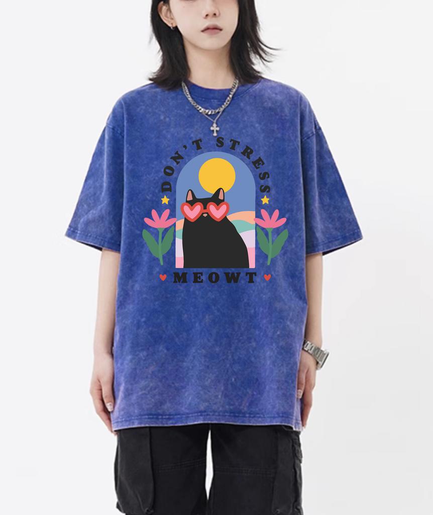 Don't Stress Meowt Cartoon Printing Retro Tee Shirt Female Trendy  Cotton T-Shirts Unisex Washed Short Sleeve Summer Hip Hop Top