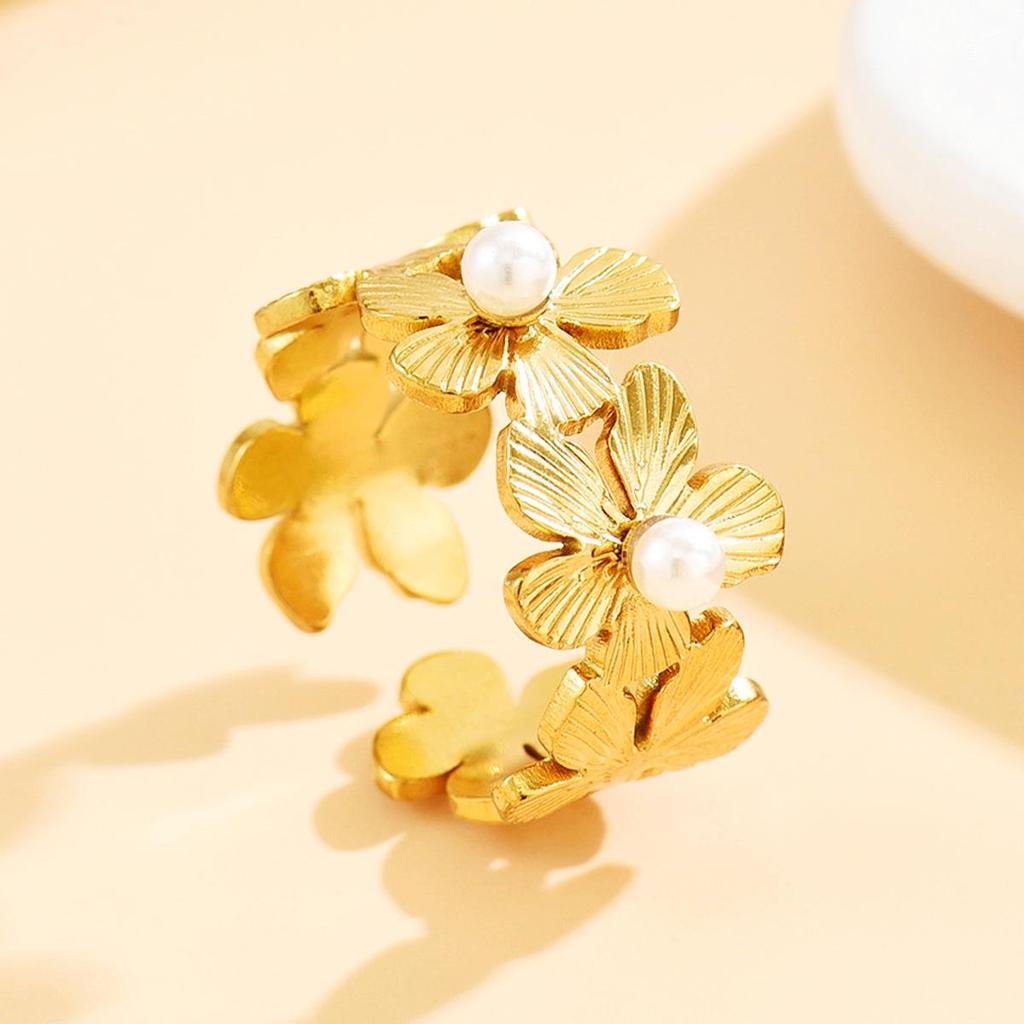 Adjustable Floral Gold-Plated Stainless Steel Ring - Fade Resistant, European & American Resort Style for Women