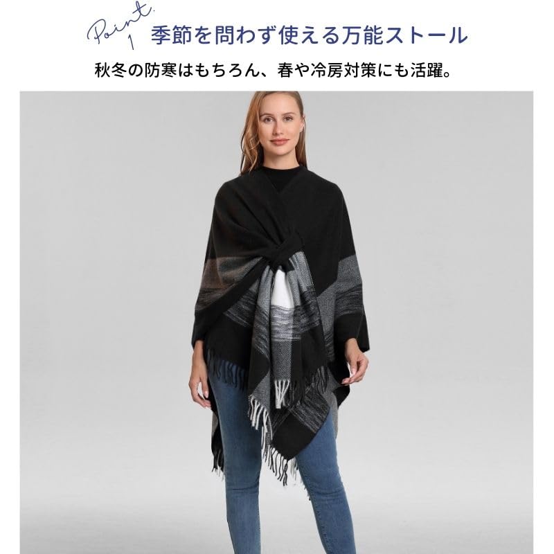 Checked Poncho Spring Outerwear for Air Conditioning Sizes EMY-li Women's Coat/Cape, (Gray, 160-135cm)