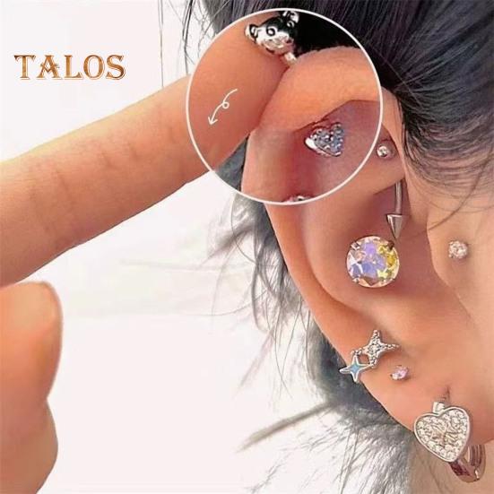 1 PC Boucles d'oreilles à clous Ours de dessin animé et forme de cœur Zircone cubique brillante Boucles d'oreilles pour cartilage pour les soirées en club Anneau de nez sans pas de vis