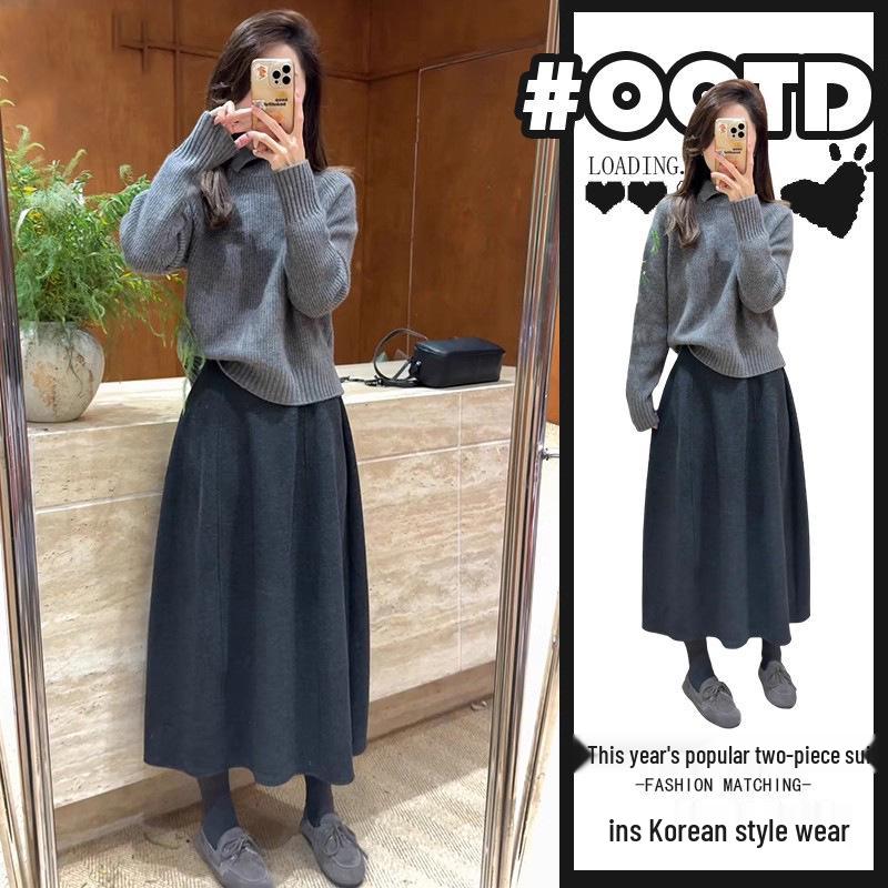 

Elegant Korean-Style Women s Two-Piece Set: 2025 Fashionable Solid Knit Sweater & High-Waisted Skirt XL [115-125 kg recommended]