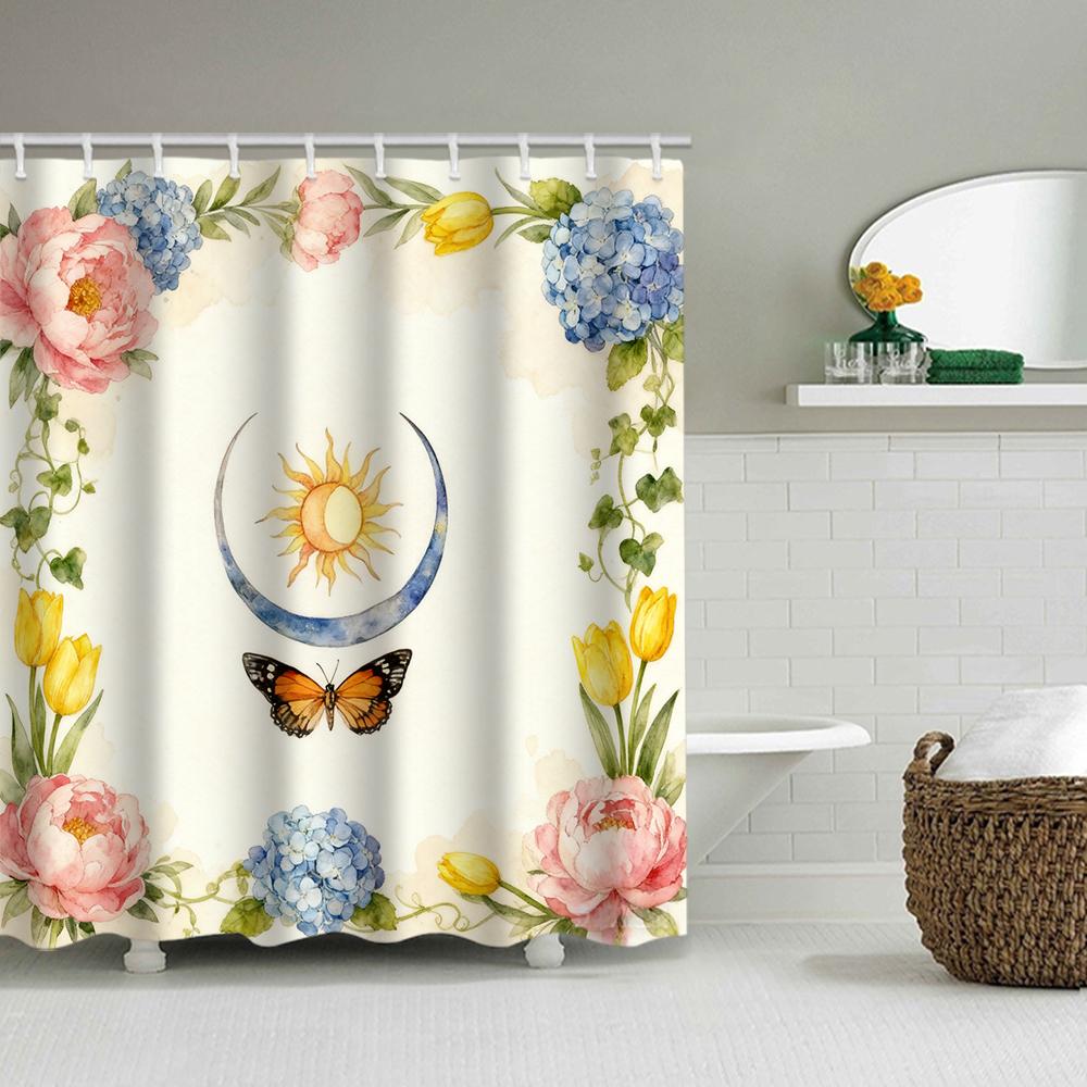 1/4 Marine Organisms Print Shower Curtains, Toilet Seat Decoration, Shower Curtain with Carpet and Toilet Lid, 70.8x70.8 Inch