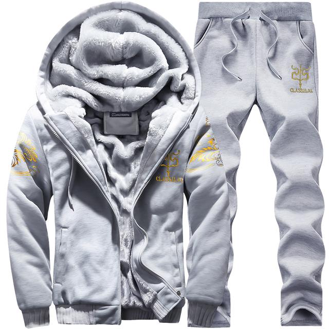 Dicken Trainingsanzug Männer Herbst Winter Warme Casual männer Set Druck Mit Kapuze Jacke + Jogginghose 2 Stück Sets Streetwear