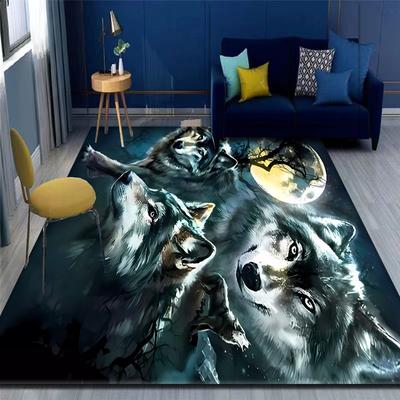 Mondschein-Wolf-Teppich: Drei heulende Wölfe bei Vollmond – Nachtszene, kombiniert mit marineblauem Sofa und gelbem Stuhl – Moderne Wohndekoration