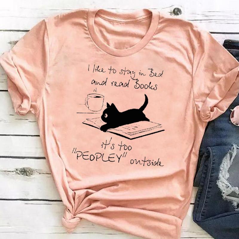 (Asian Size) Graphic Tee Women's Cat Books Love Sweet Trend Fashion Casual Print Short Sleeve Summer Top Ladies Female T Clothing T-shirt