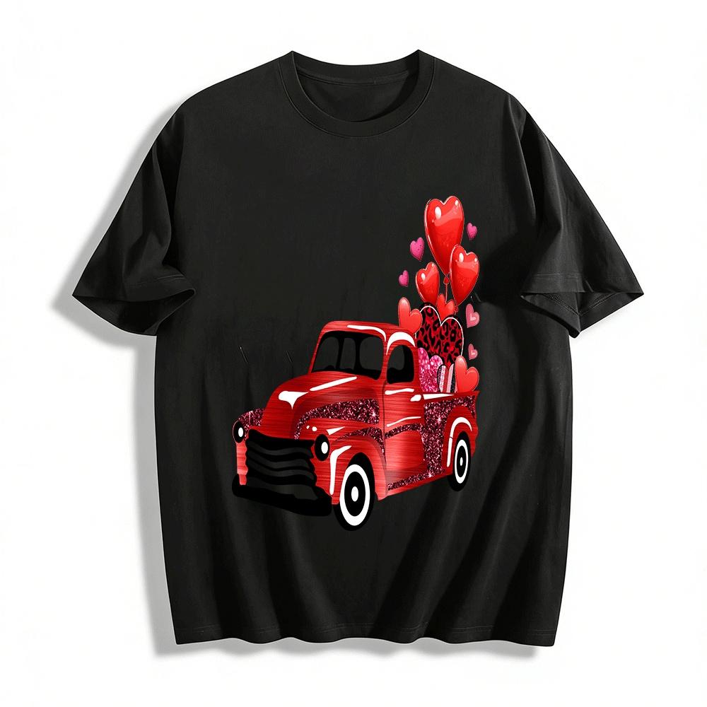

Valentine s Day Retro Red Heart Truck Print Casual Top Pure cotton T-shirt XXS