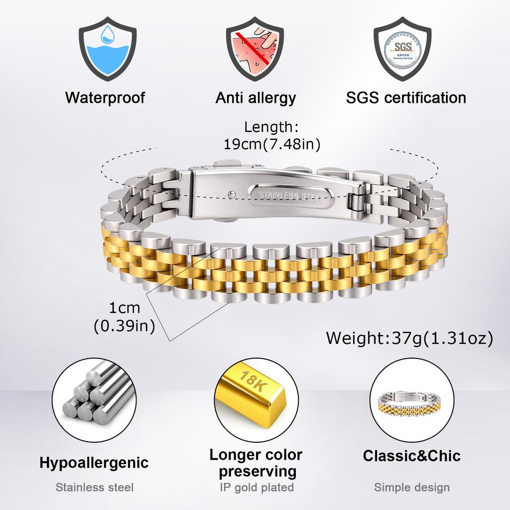 10MM Chunky Strap Bracelet for Men Women,Gold Plated Stainless Steel Chain Link Wristband,Luxury Jewelry Gift