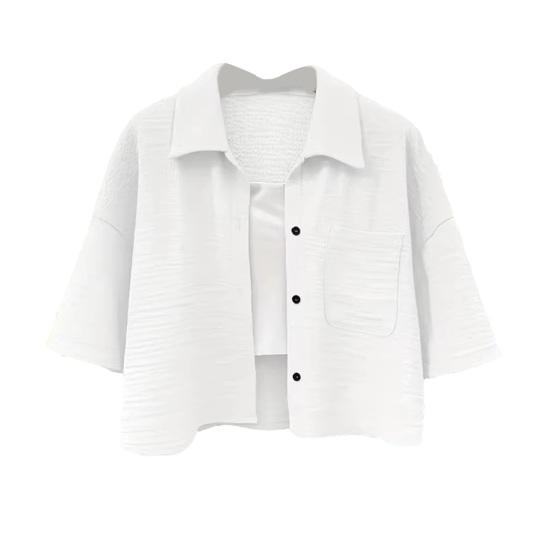 Women Shirt Lapel Half Sleeve Single Breasted Shirt Tops Short Type Casual Shirt S