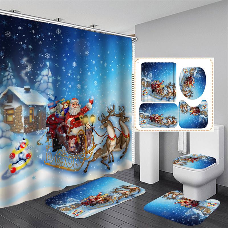 Santa Vánoční sada sprchových závěsů Vanová předložka Protiskluzový koberec Koupelnová přepážka Vodotěsná Domácí dekorace Cortinas Para Ba ñO