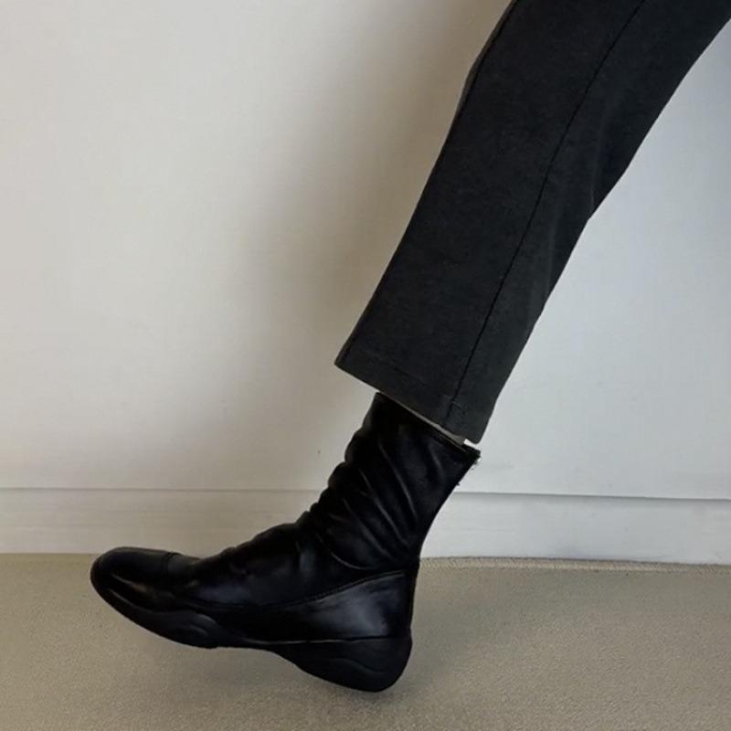 Cowhide Version~ Leather Round Head Thick Sole Retro Black Short Boots Women's Autumn and Winter Down Boots Elastic Thin Boots Martin Boots