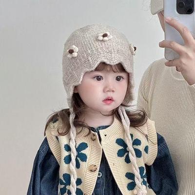 Kinder Herbst & Winter Warmer Winddichter Wollhut mit Ohrenschutz - Koreanischer Stil Floral Design für Baby Mädchen