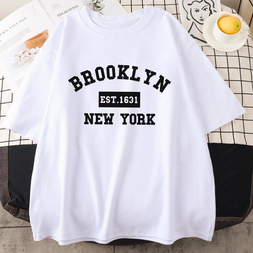 Brooklyn Est.1631 New York Bokstav Unisex Bomull Kortärmad Vintage Casual Toppar Andningsbar Rundhals T-shirt Kläder Unisex T-shirts