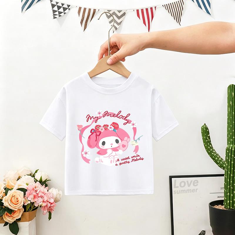 Kuromi Print Summer girls T-shirt My Melody Cute Trend Kawaii Sanrios Girl High Quality Trend Fashion Kid Tops Gift