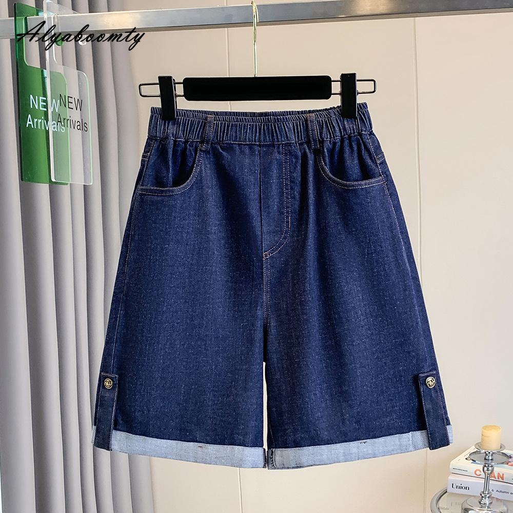Koreanischer Stil Übergröße Sommer Damen Kurze Jeans Elastischer Bund Lässig Locker Blaue Denim Caprihosen Basic Damen Weites Bein Caprihosen XL-5XL