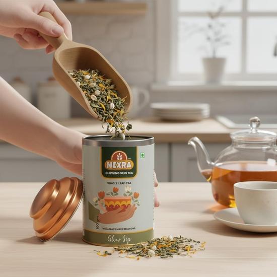 Nexra Masala Bliss Tea, Whole Leaf Herbal Blend with 11 Spices, Premium Tin Box, 100g (50gm, Glowing Skin Tea)