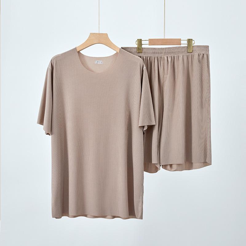 

Couple s Summer Ice Silk Pajama Set: Women s Round Neck Top & Long Pants, Men s Seamless Shorts 4XL