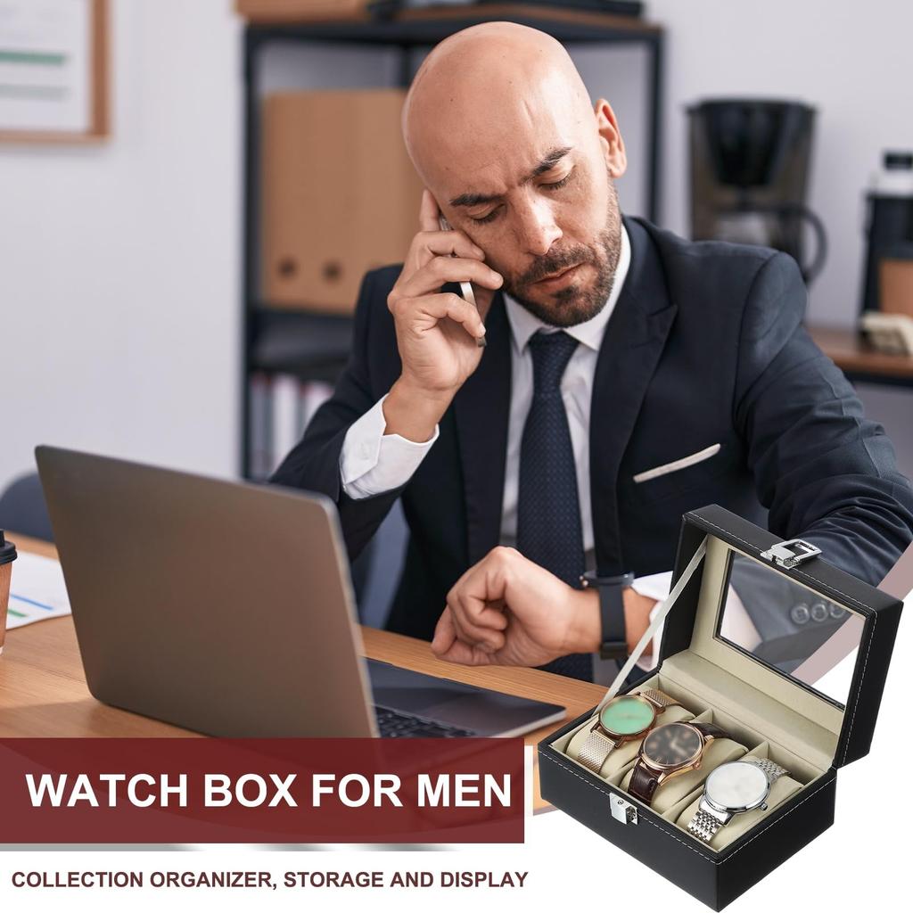 Uxcell 3-Slot Watch Storage Box with Glass Cover, Men's Watch Box, Removable Watch Pillow, Wooden Watch Box, BlackBeige
